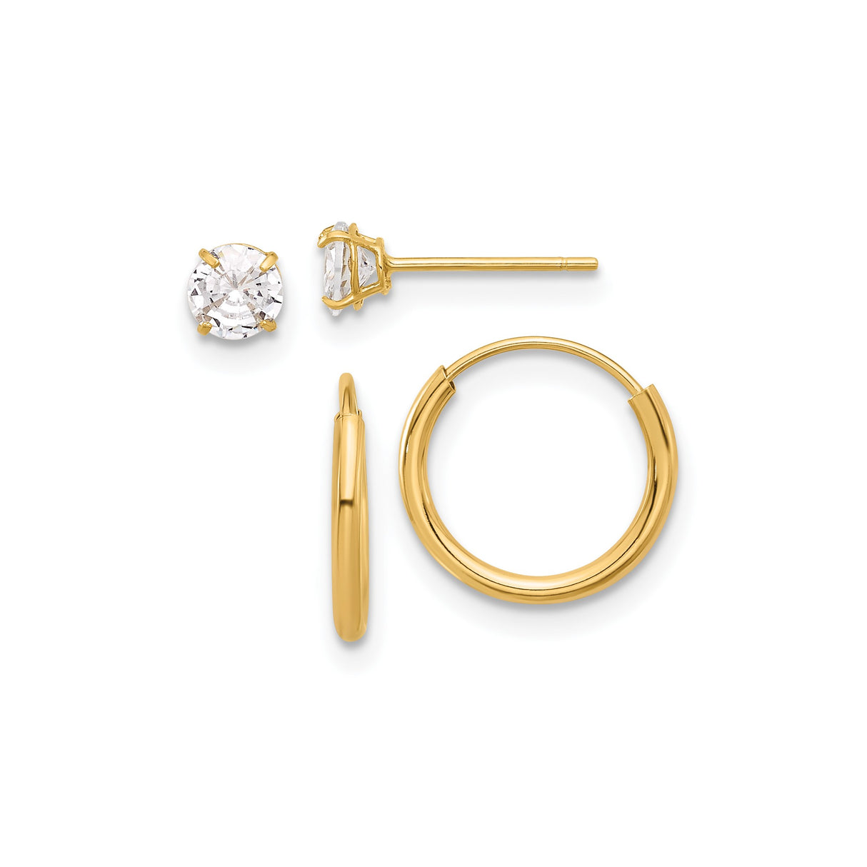 14k Yellow Gold Earring Set, Round Solitaire Cubic Zirconia Studs and Small Polished Hoops