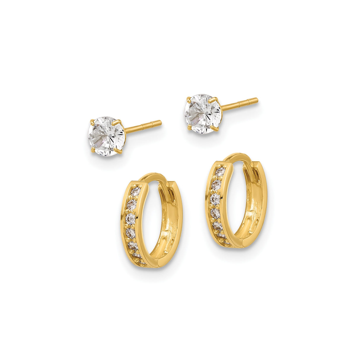 14k Yellow Gold Earrings Set with Cubic Zirconia, Includes Studs and Channel Set Hoops