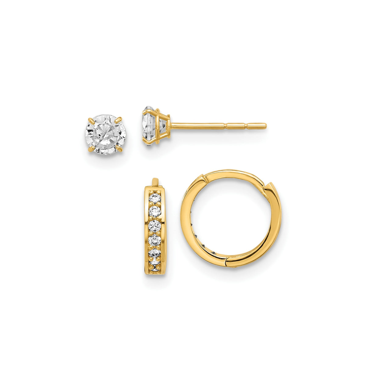 14k Yellow Gold Earrings Set with Cubic Zirconia, Includes Studs and Channel Set Hoops