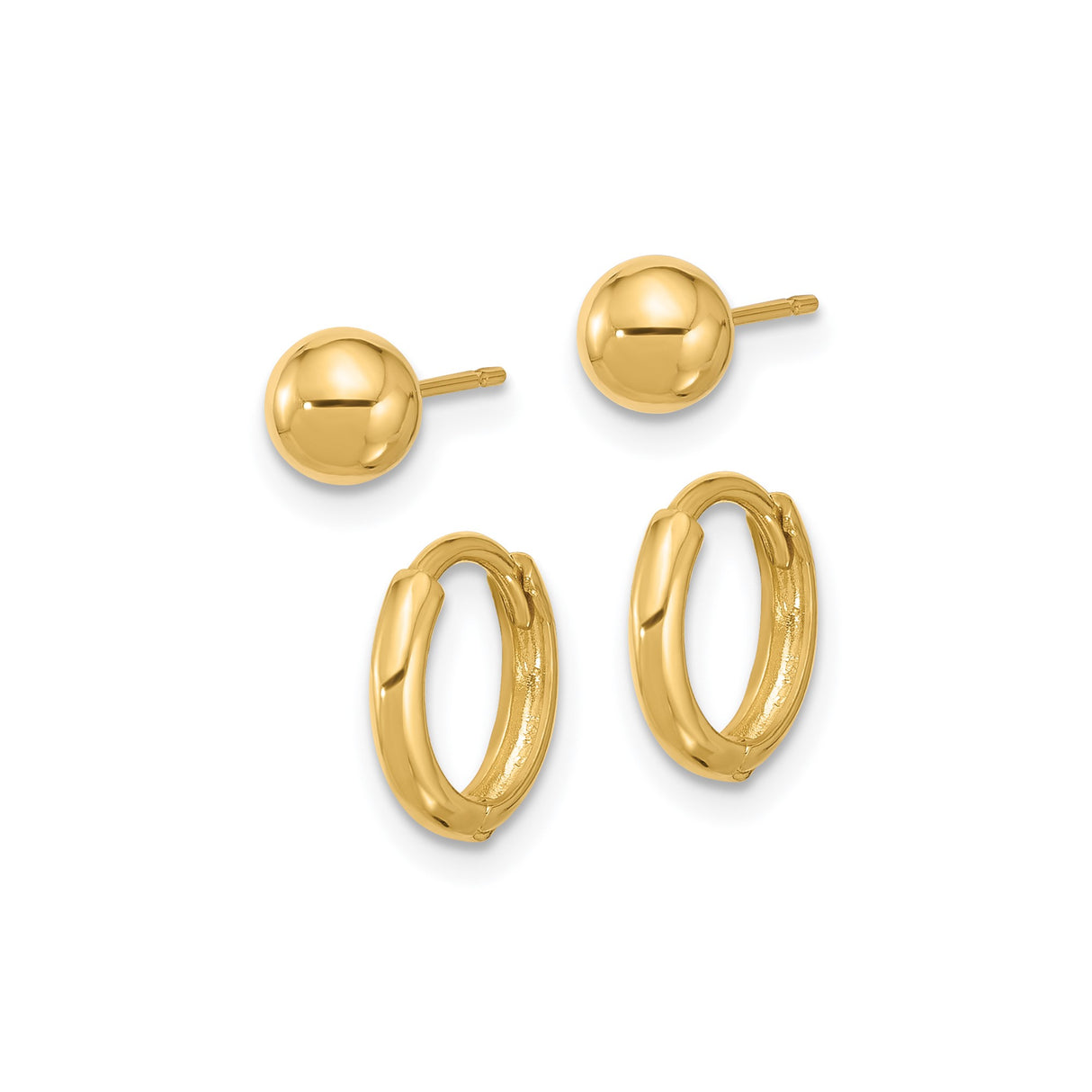 14k Yellow Gold Earrings Set, Polished Ball Studs and Small Hoops, Minimalist Style for Women