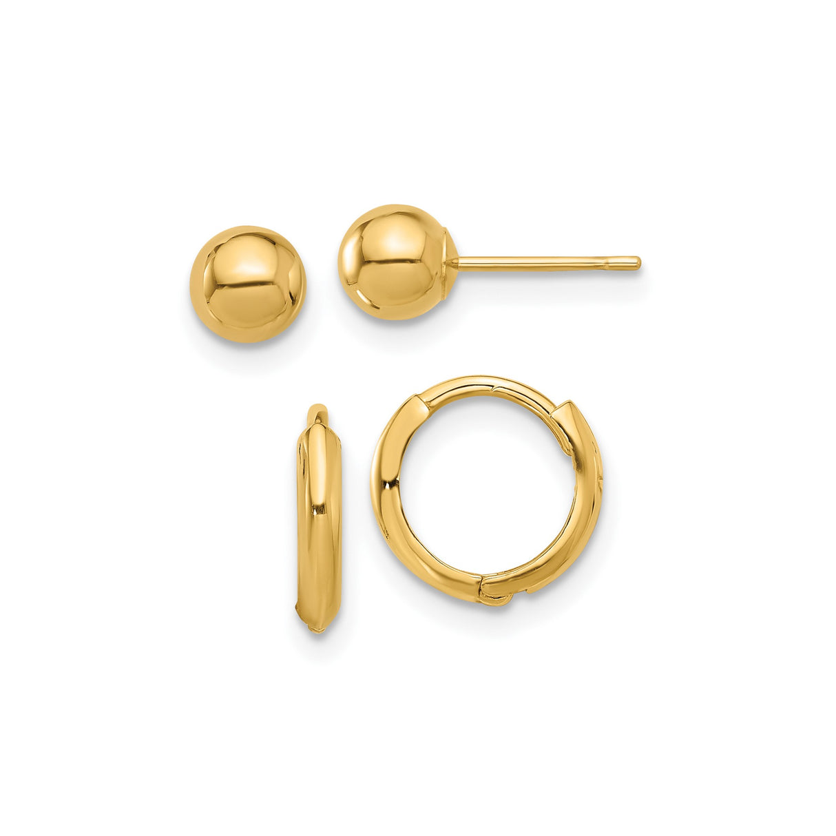 14k Yellow Gold Earrings Set, Polished Ball Studs and Small Hoops, Minimalist Style for Women