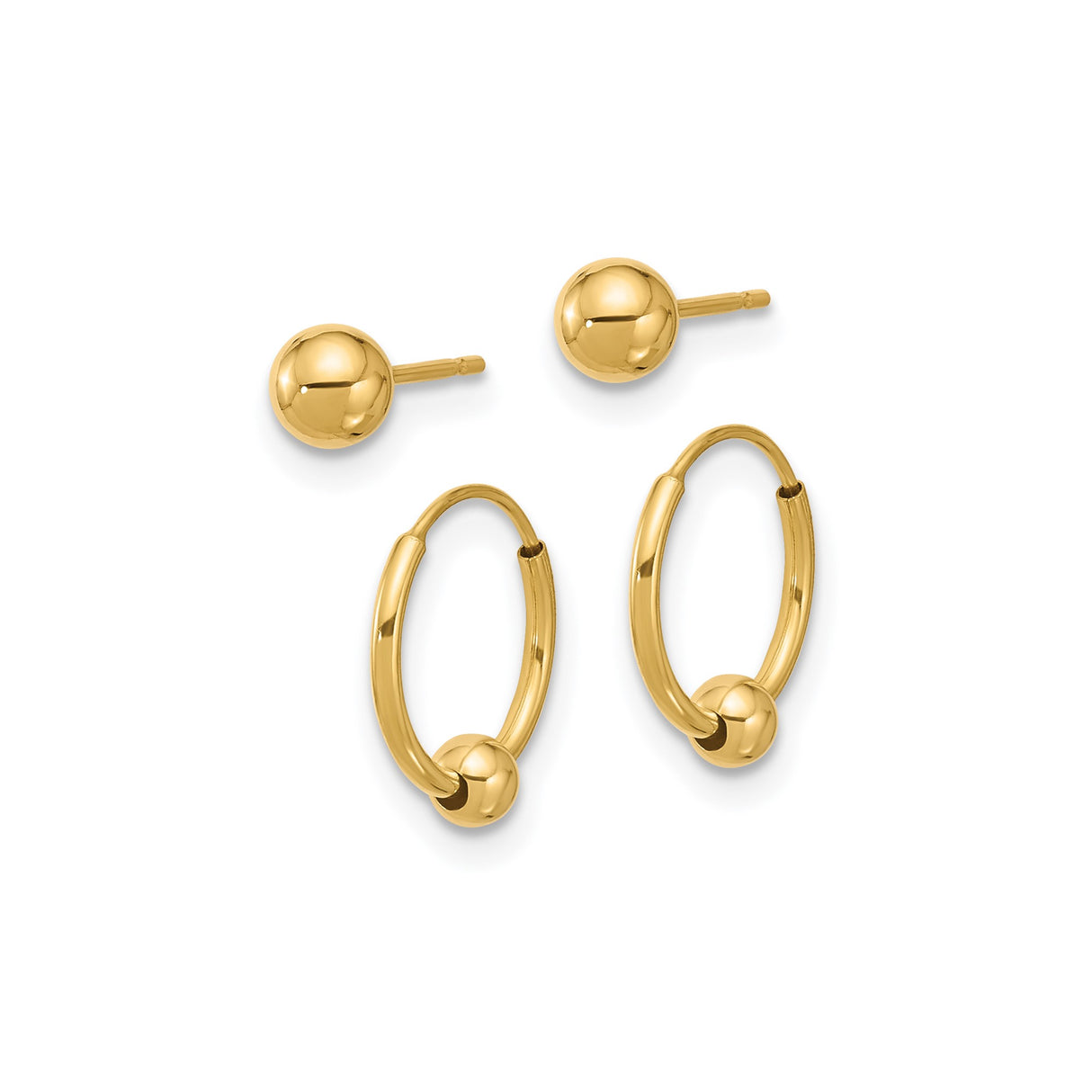 14k Yellow Gold Earrings Set with Ball Studs and Hoop Styles, Minimalist Design