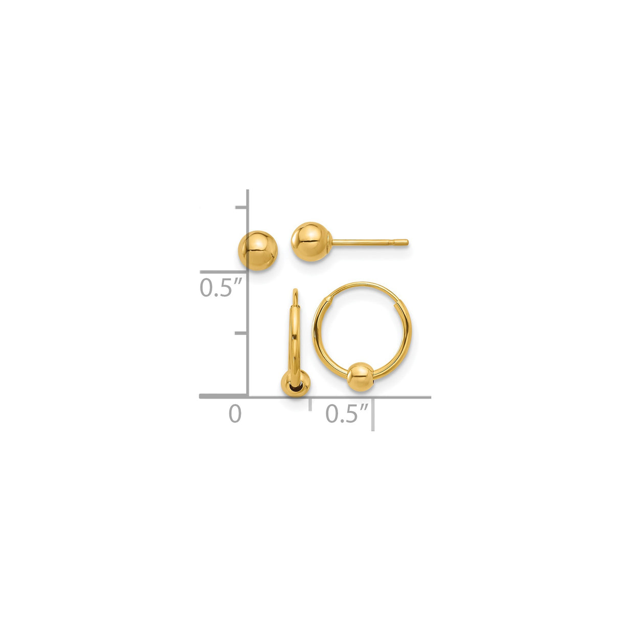 14k Yellow Gold Earrings Set with Ball Studs and Hoop Styles, Minimalist Design