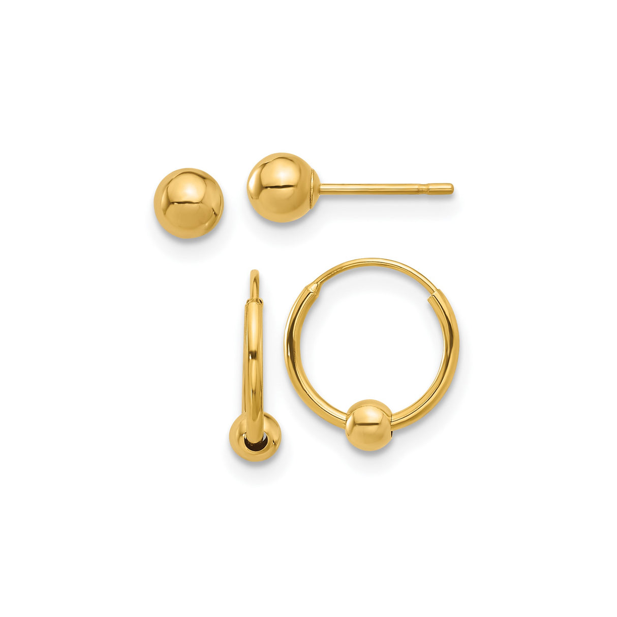 14k Yellow Gold Earrings Set with Ball Studs and Hoop Styles, Minimalist Design