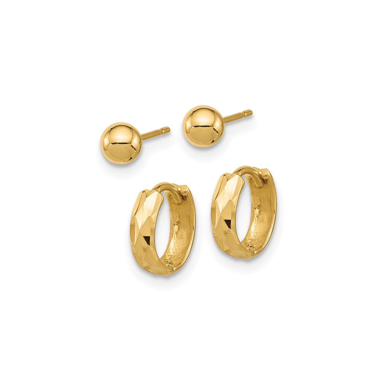 14k Yellow Gold Earrings Set, Polished Ball Studs and Faceted Hoops, Minimalist Everyday Style