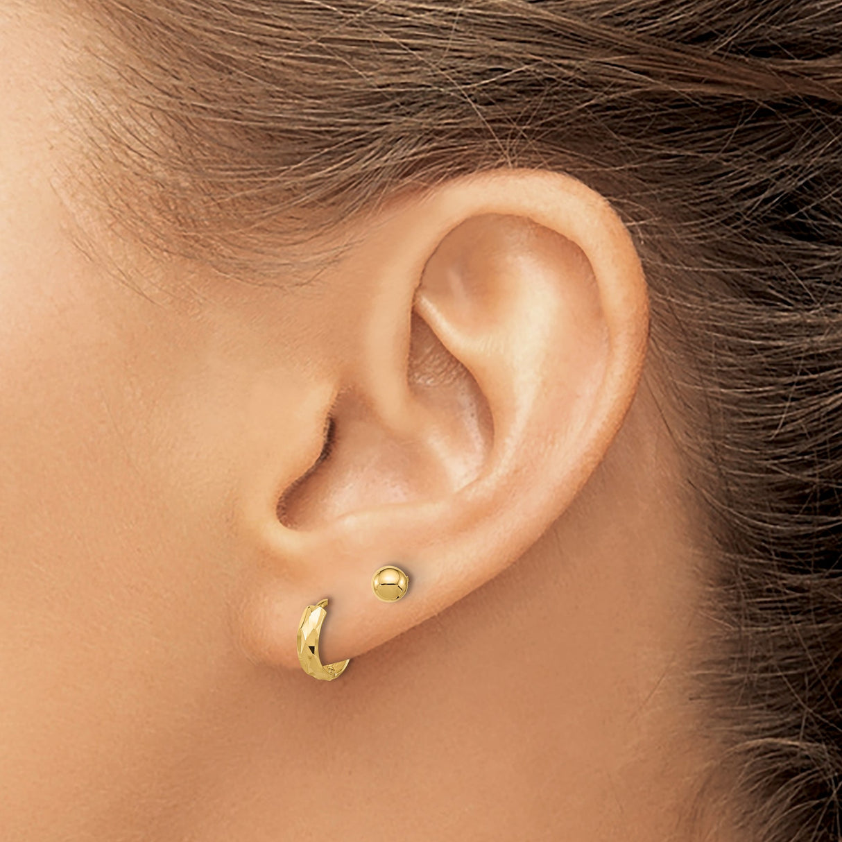 14k Yellow Gold Earrings Set, Polished Ball Studs and Faceted Hoops, Minimalist Everyday Style