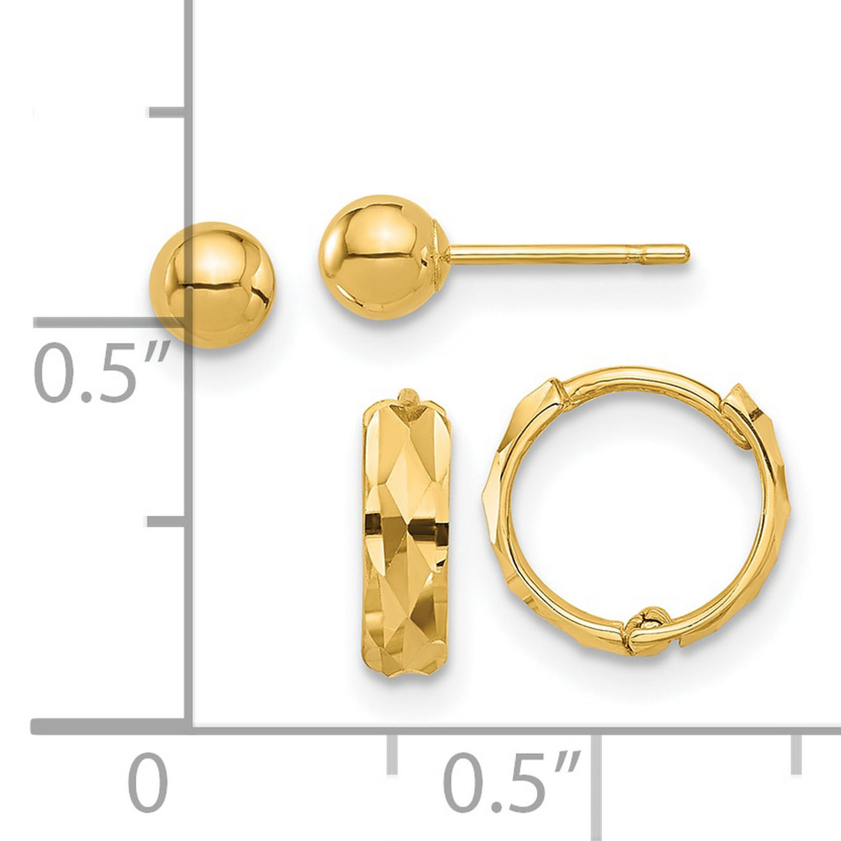 14k Yellow Gold Earrings Set, Polished Ball Studs and Faceted Hoops, Minimalist Everyday Style