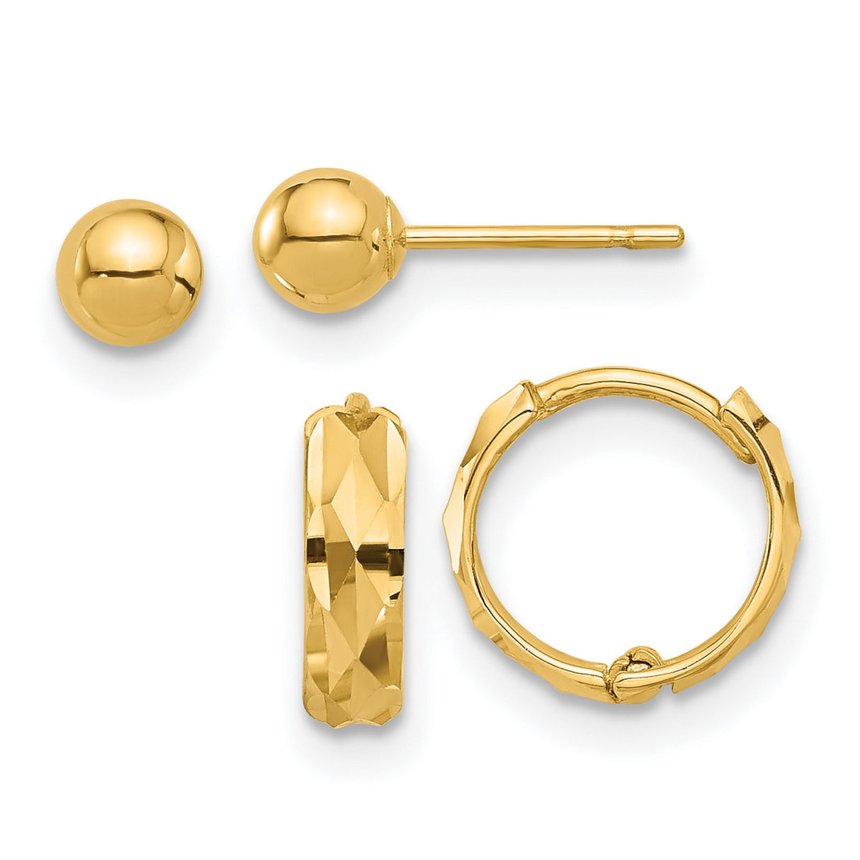 14k Yellow Gold Earrings Set, Polished Ball Studs and Faceted Hoops, Minimalist Everyday Style
