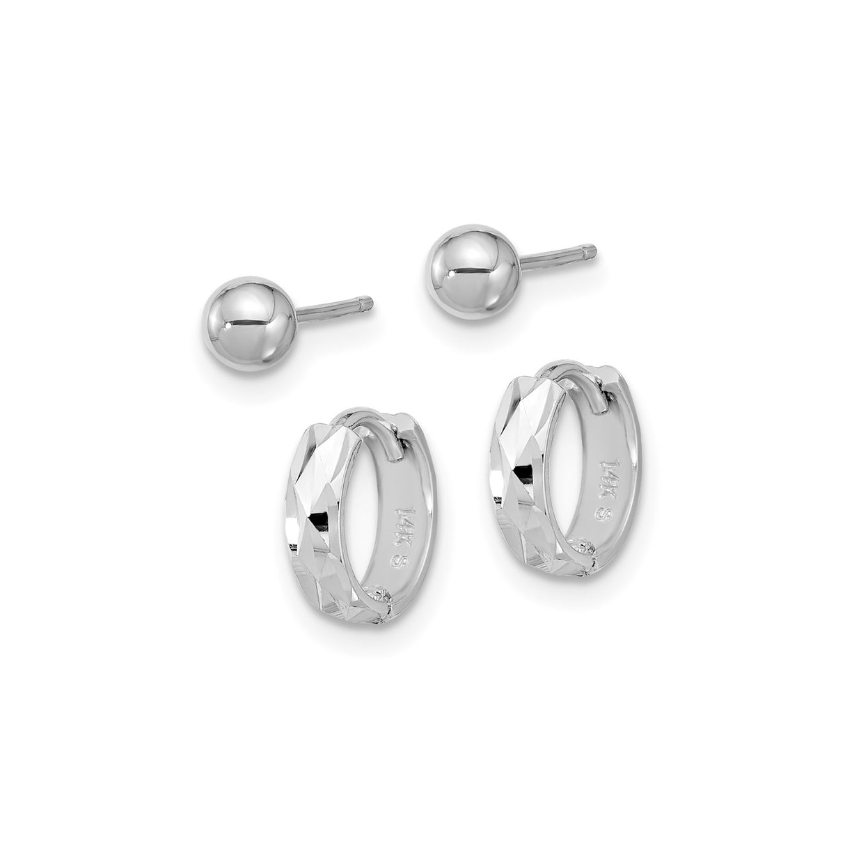 14k White Gold Earring Set with Ball Studs and Faceted Hoop Earrings for Women