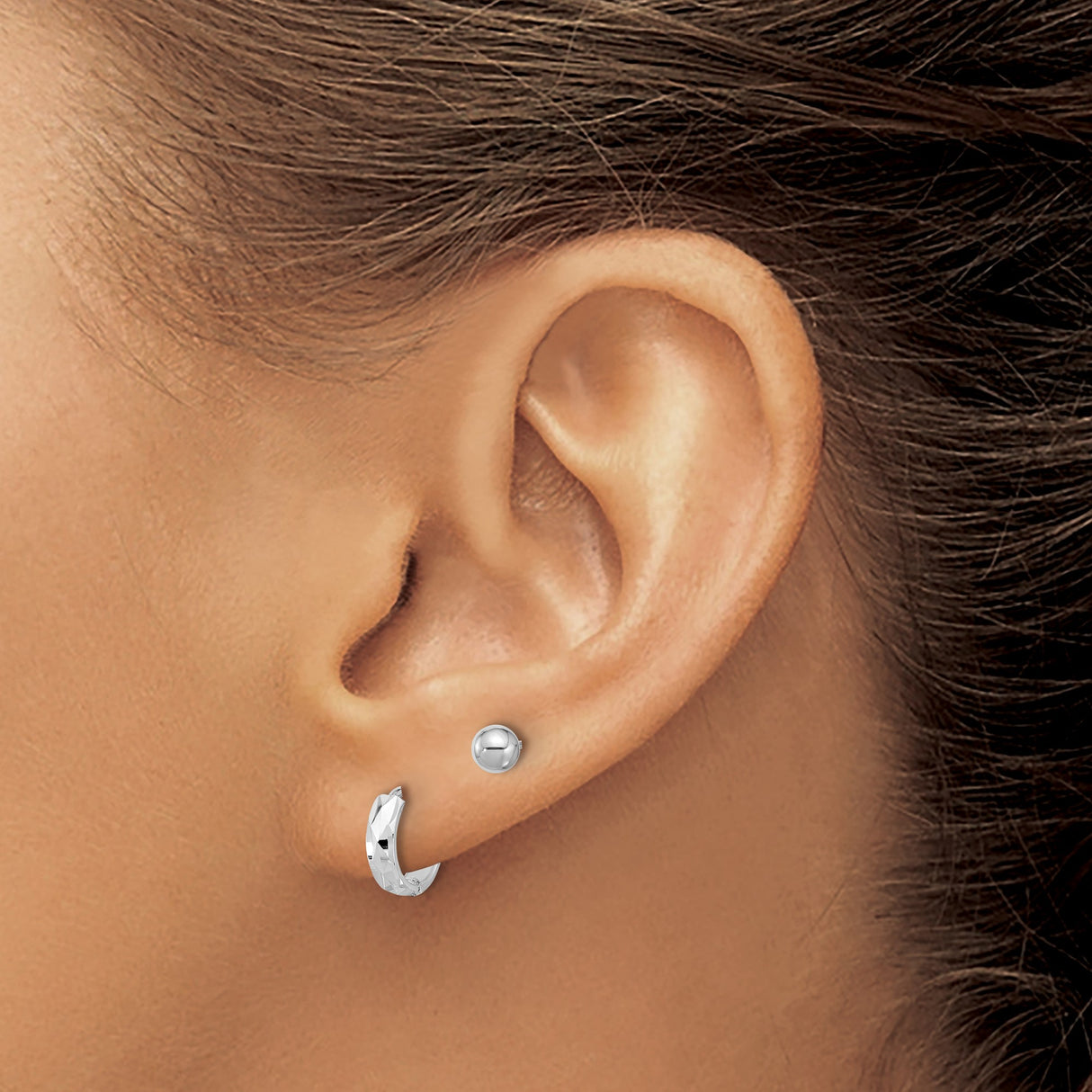 14k White Gold Earring Set with Ball Studs and Faceted Hoop Earrings for Women