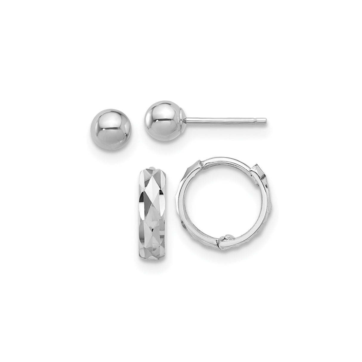 14k White Gold Earring Set with Ball Studs and Faceted Hoop Earrings for Women