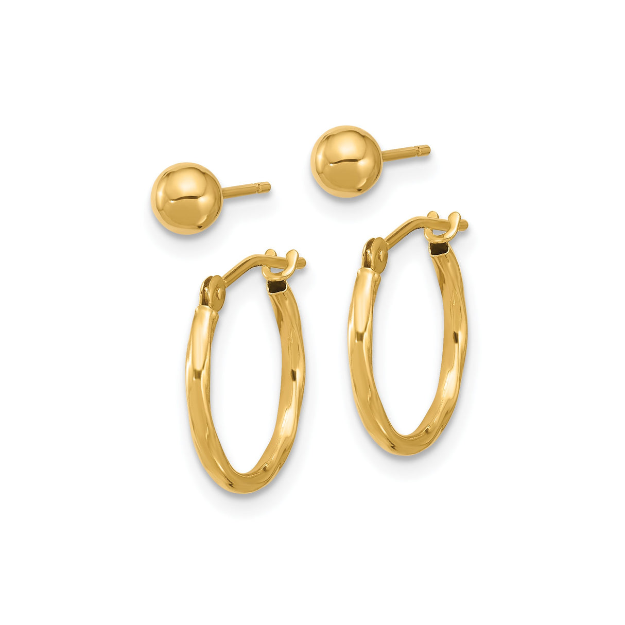 14k Yellow Gold Earring Set with Polished Hoop Earrings and Ball Studs for Women