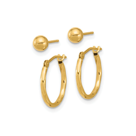 14k Yellow Gold Earring Set with Polished Hoop Earrings and Ball Studs for Women