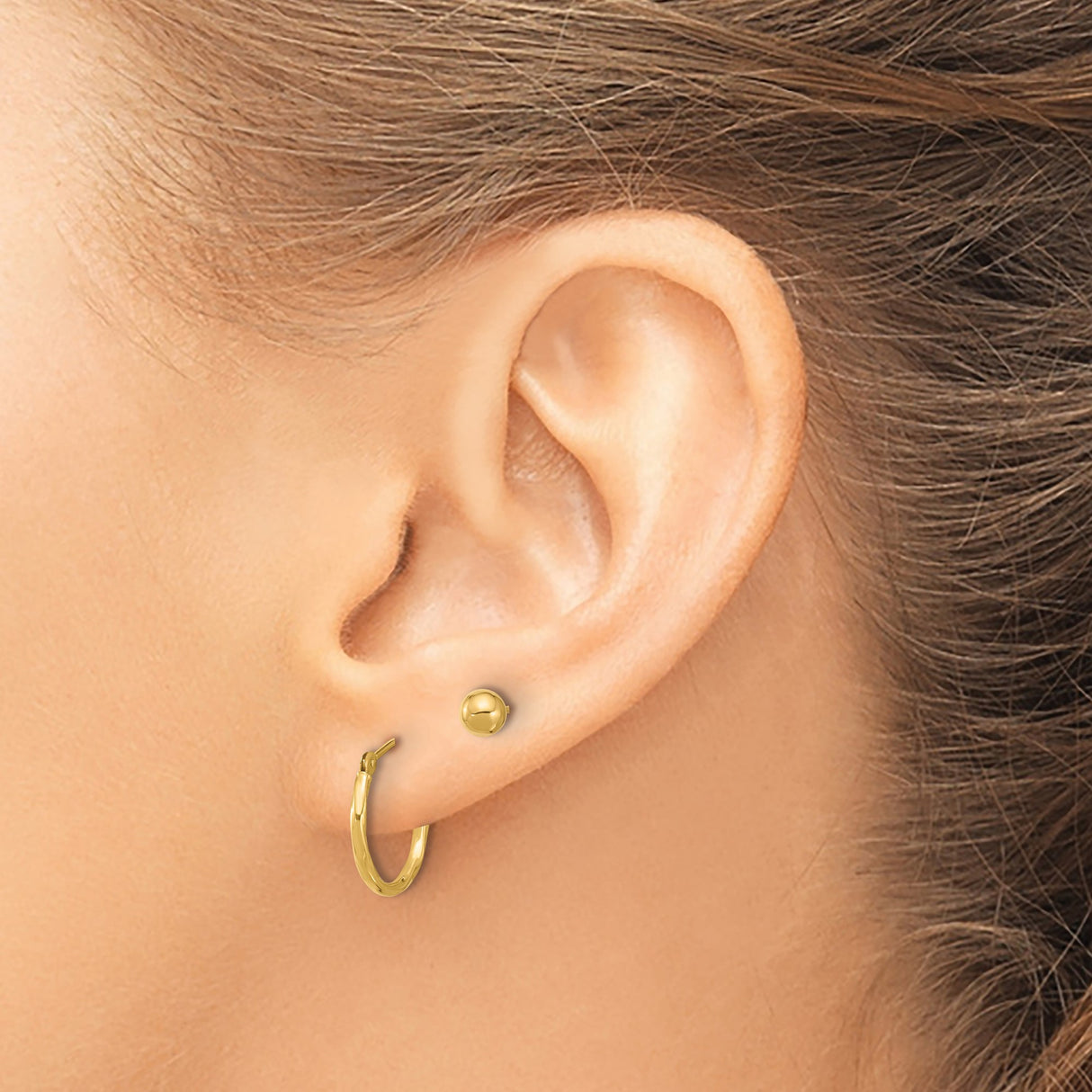 14k Yellow Gold Earring Set with Polished Hoop Earrings and Ball Studs for Women