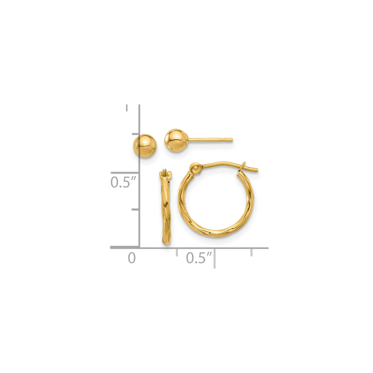 14k Yellow Gold Earring Set with Polished Hoop Earrings and Ball Studs for Women