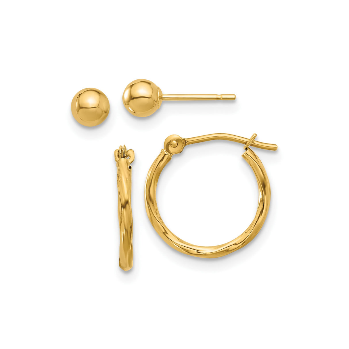 14k Yellow Gold Earring Set with Polished Hoop Earrings and Ball Studs for Women