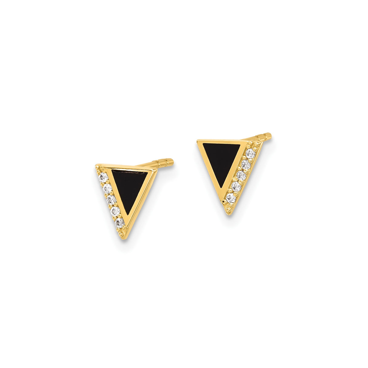 14k Yellow Gold Triangle Stud Earrings with Cubic Zirconia and Black Enamel