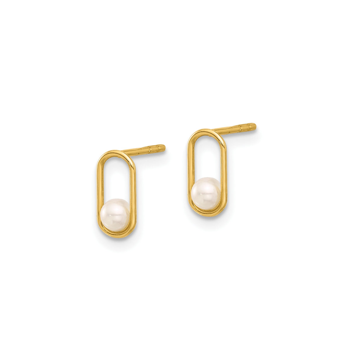 14k Yellow Gold Stud Earrings with Open Oval Design and White Pearl Accent