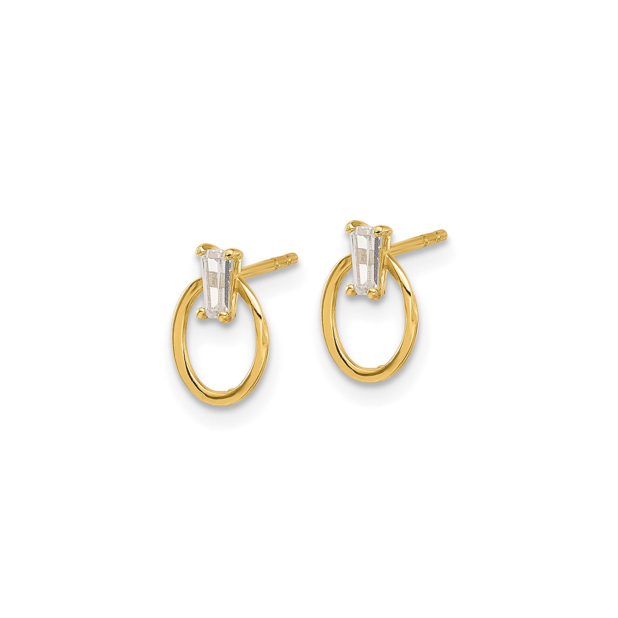 14k Yellow Gold Stud Earrings with Cubic Zirconia, Open Oval Baguette Design, Minimalist Style for Women