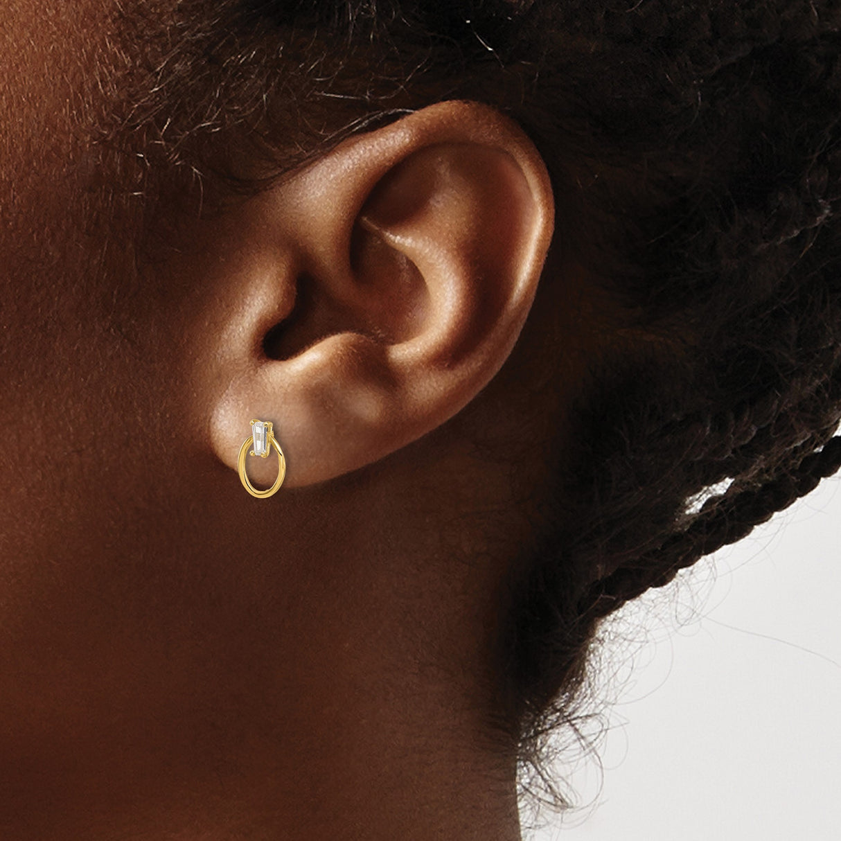 14k Yellow Gold Stud Earrings with Cubic Zirconia, Open Oval Baguette Design, Minimalist Style for Women