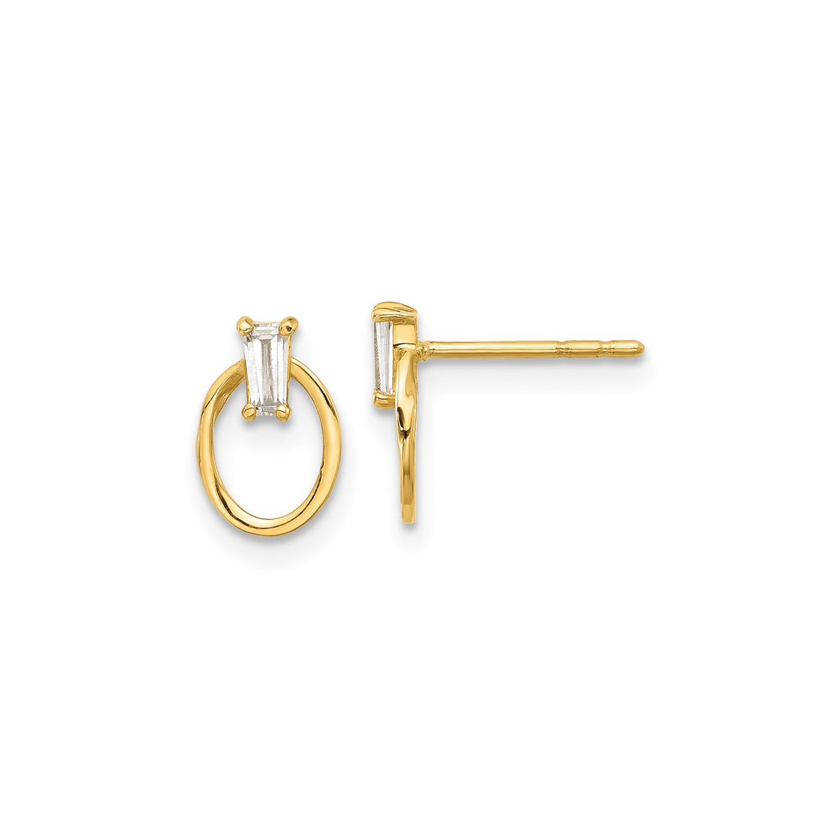 14k Yellow Gold Stud Earrings with Cubic Zirconia, Open Oval Baguette Design, Minimalist Style for Women