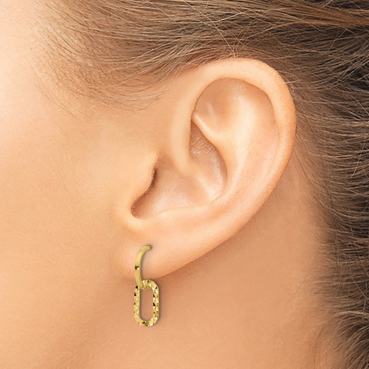 14k Yellow Gold Dangle Hoop Earrings with Hammered Oval Links, Lightweight Textured Design