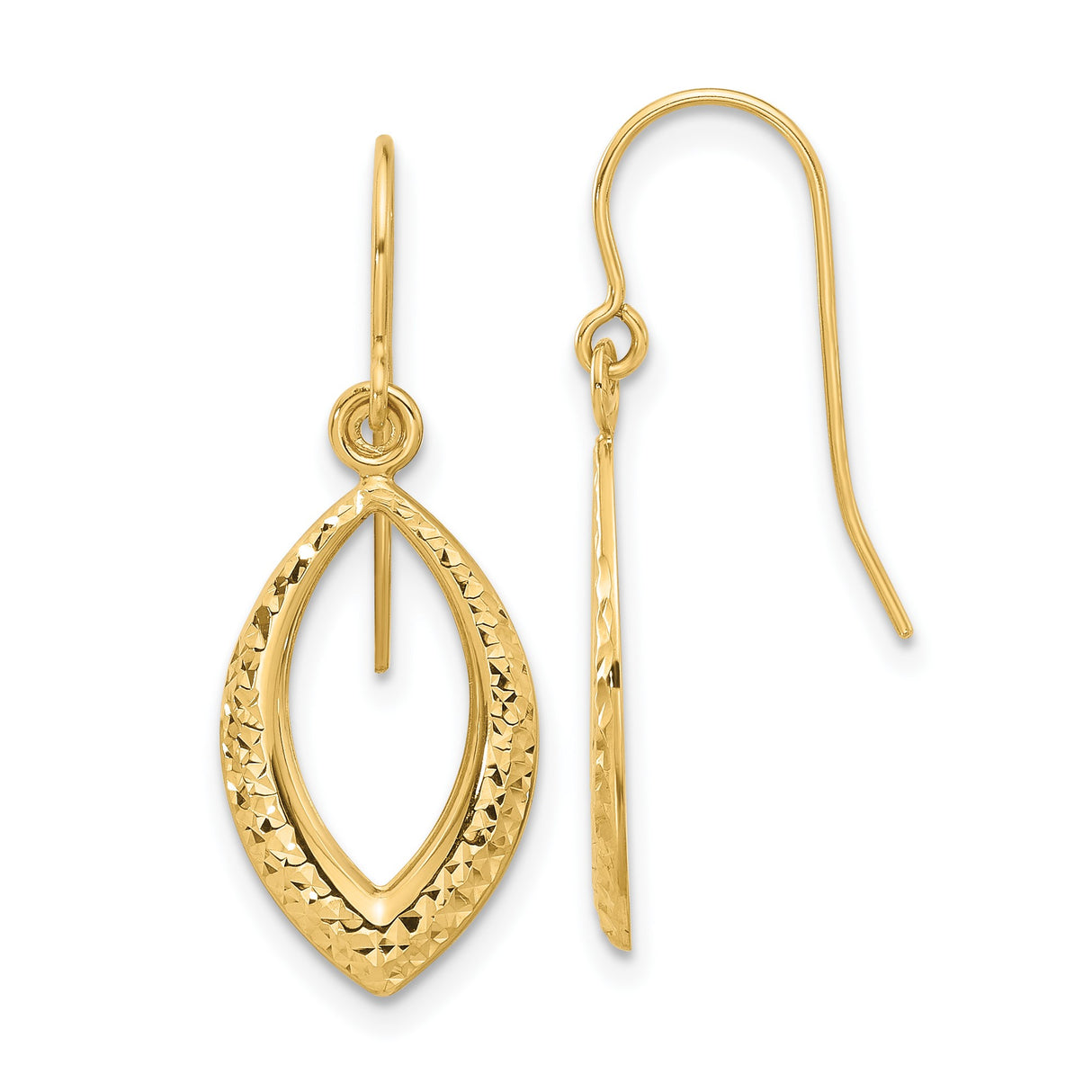 14k Yellow Gold Marquise Dangle Earrings, Diamond Cut Openwork Ichthys Faith Design