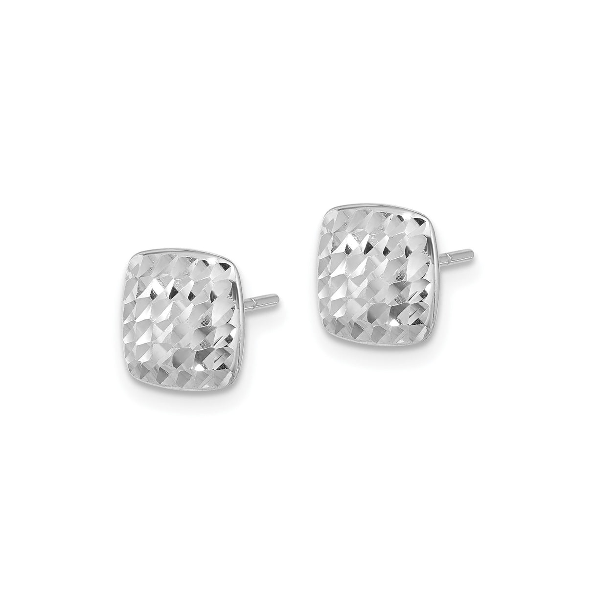 14k White Gold Cushion Cut Stud Earrings with Diamond Cut Textured Finish
