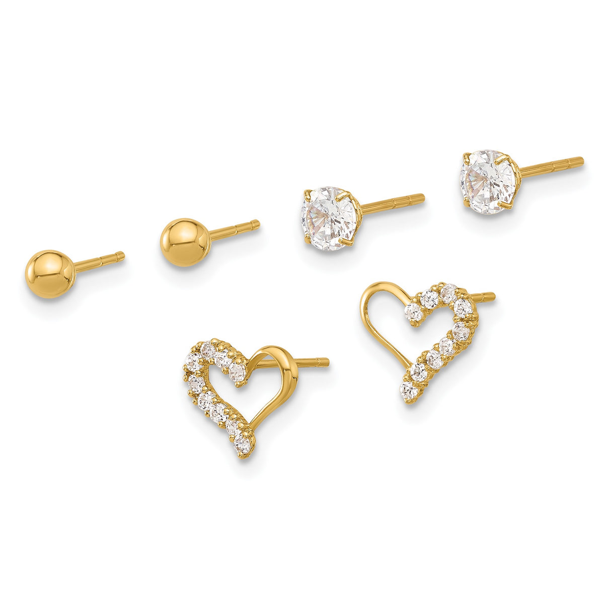 14k Yellow Gold Stud Earring Set with Cubic Zirconia, Open Heart and Polished Ball Styles