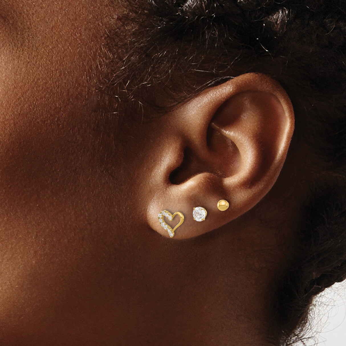 14k Yellow Gold Stud Earring Set with Cubic Zirconia, Open Heart and Polished Ball Styles