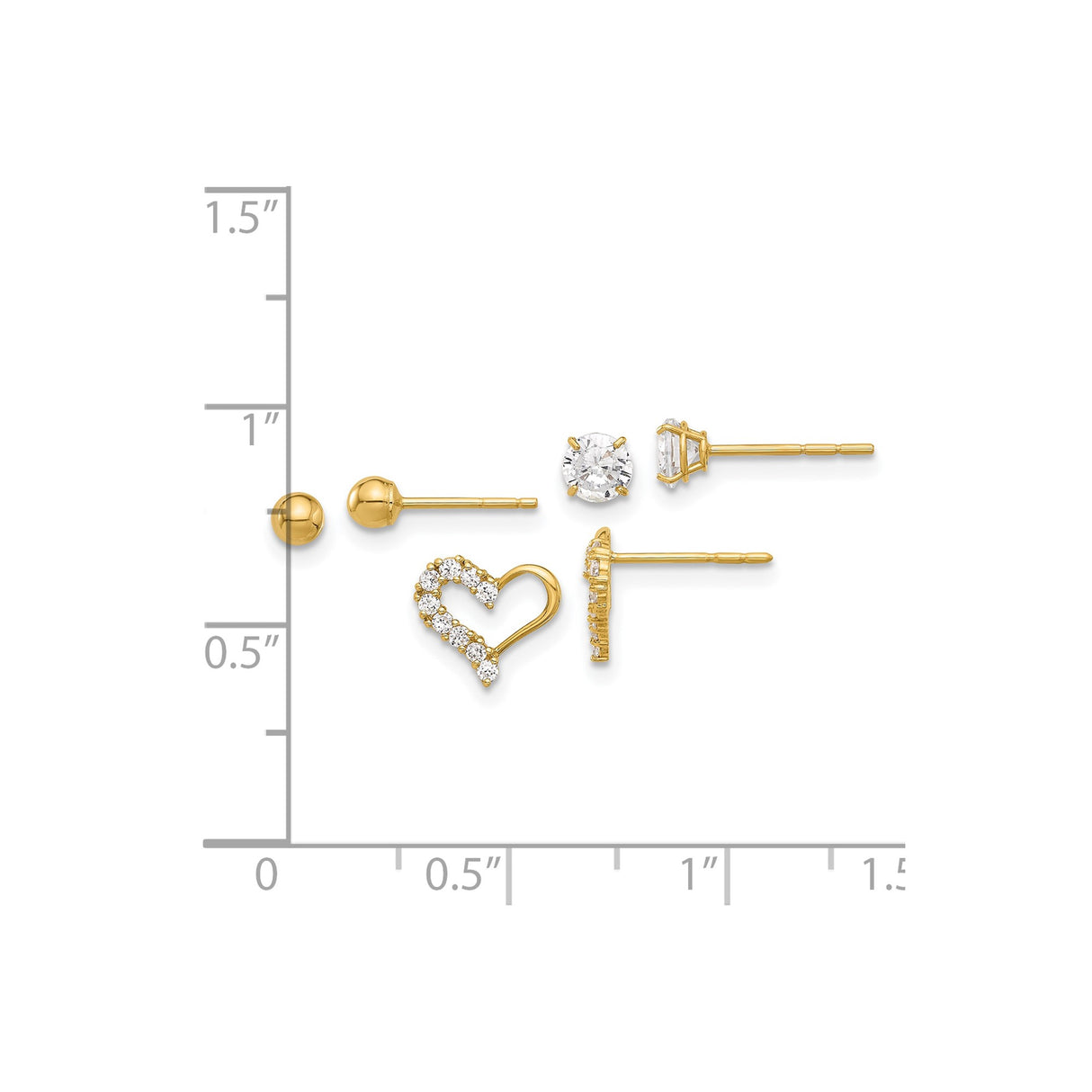 14k Yellow Gold Stud Earring Set with Cubic Zirconia, Open Heart and Polished Ball Styles