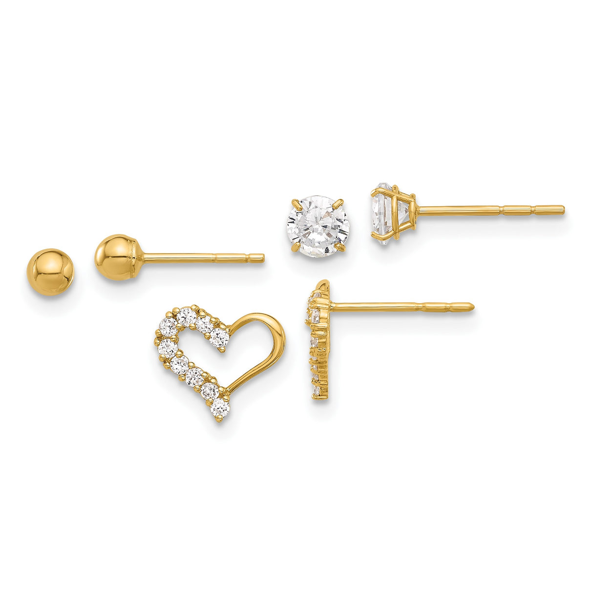 14k Yellow Gold Stud Earring Set with Cubic Zirconia, Open Heart and Polished Ball Styles