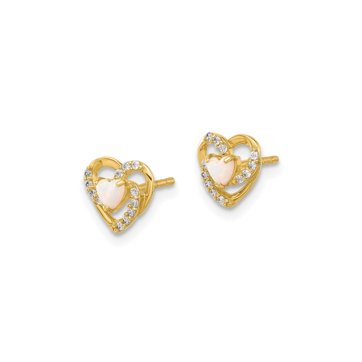 14k Yellow Gold Heart Stud Earrings with Opal and Cubic Zirconia Accents for Women