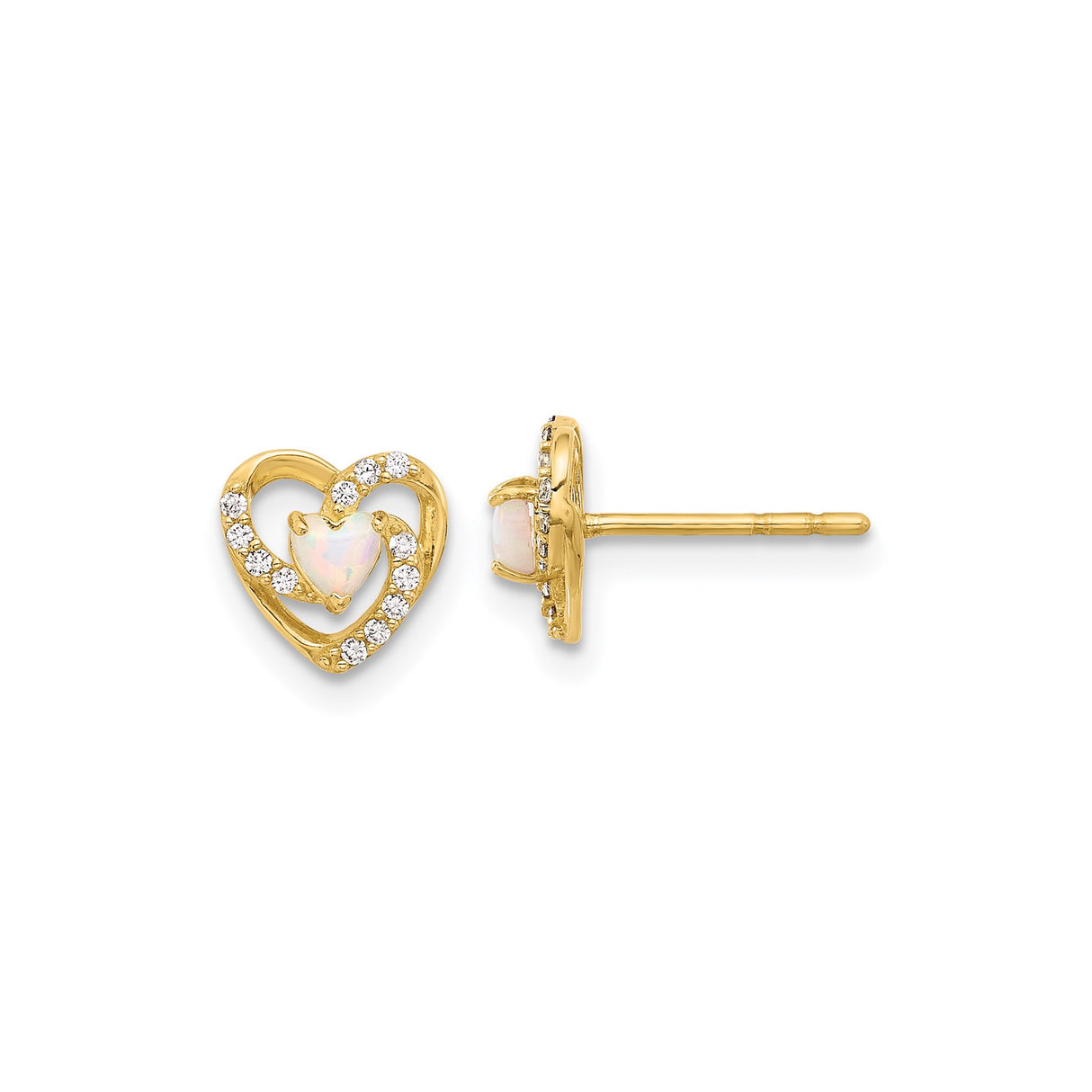 14k Yellow Gold Heart Stud Earrings with Opal and Cubic Zirconia Accents for Women
