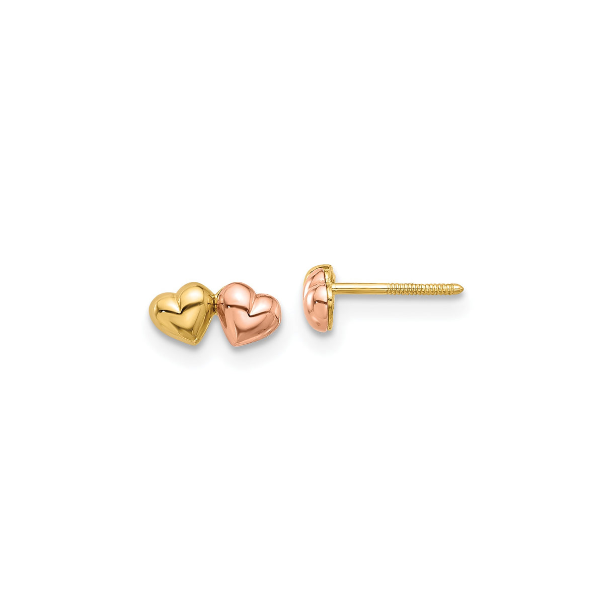 14k Two-Tone Gold Heart Stud Earrings with Interlocking Yellow and Rose Gold Hearts