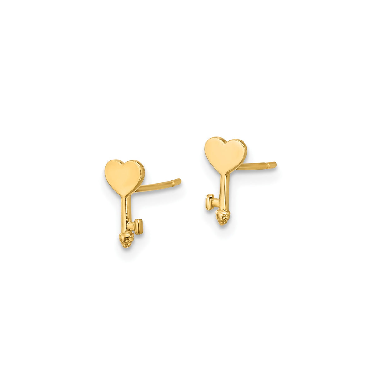 14k Yellow Gold Heart Key Stud Earrings, Romantic Minimalist Design for Women