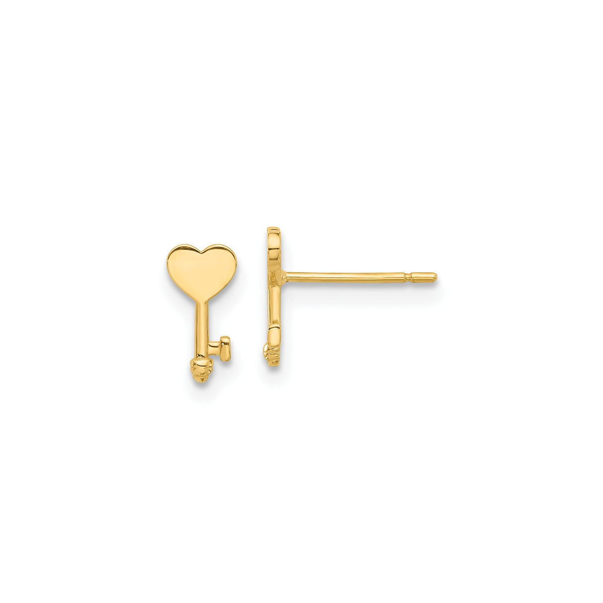 14k Yellow Gold Heart Key Stud Earrings, Romantic Minimalist Design for Women