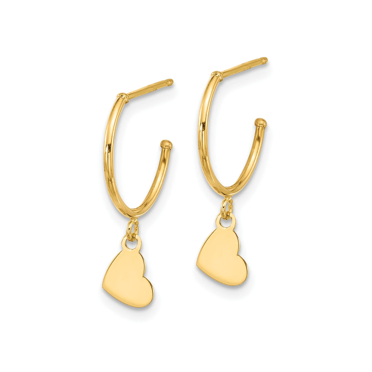14k Yellow Gold Hoop Earrings with Dangling Heart Charms, Lightweight Dangle Style