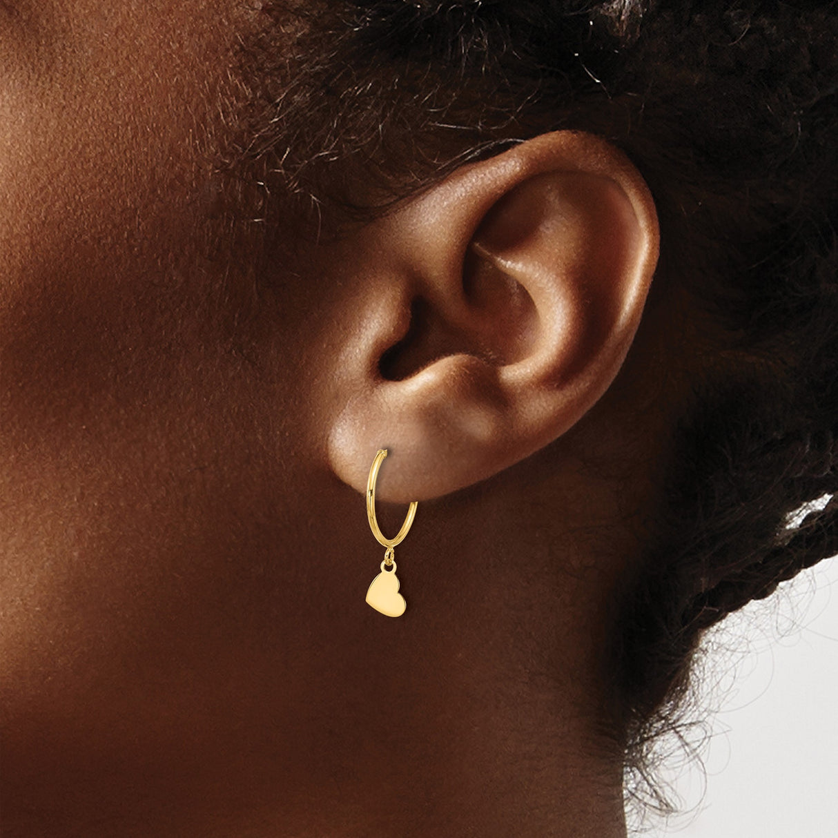 14k Yellow Gold Hoop Earrings with Dangling Heart Charms, Lightweight Dangle Style