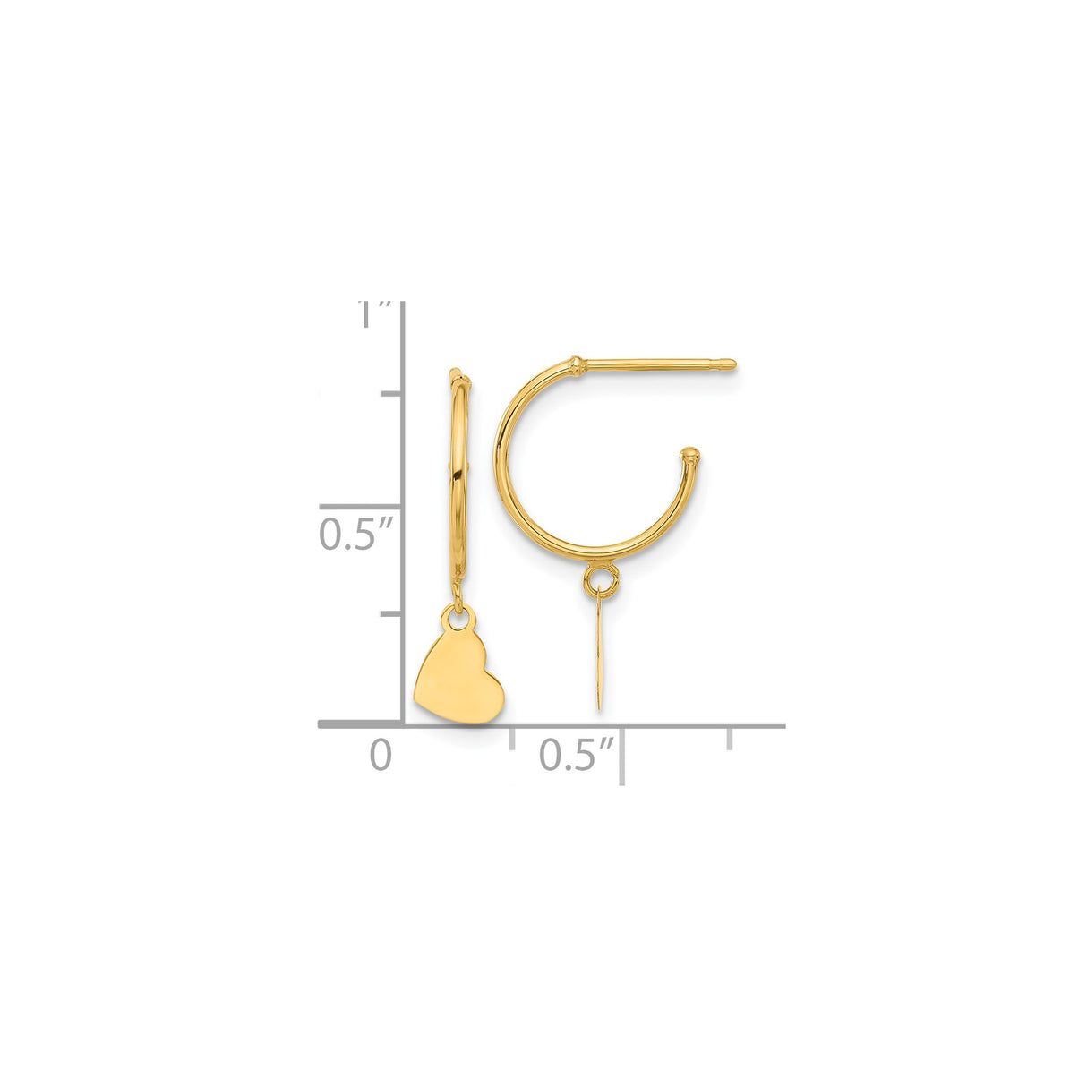 14k Yellow Gold Hoop Earrings with Dangling Heart Charms, Lightweight Dangle Style