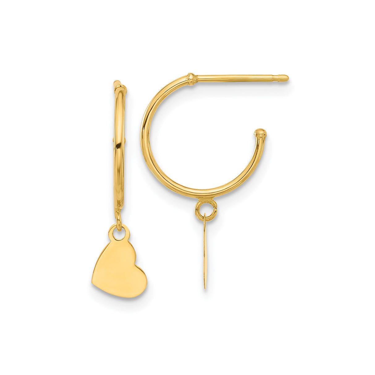 14k Yellow Gold Hoop Earrings with Dangling Heart Charms, Lightweight Dangle Style