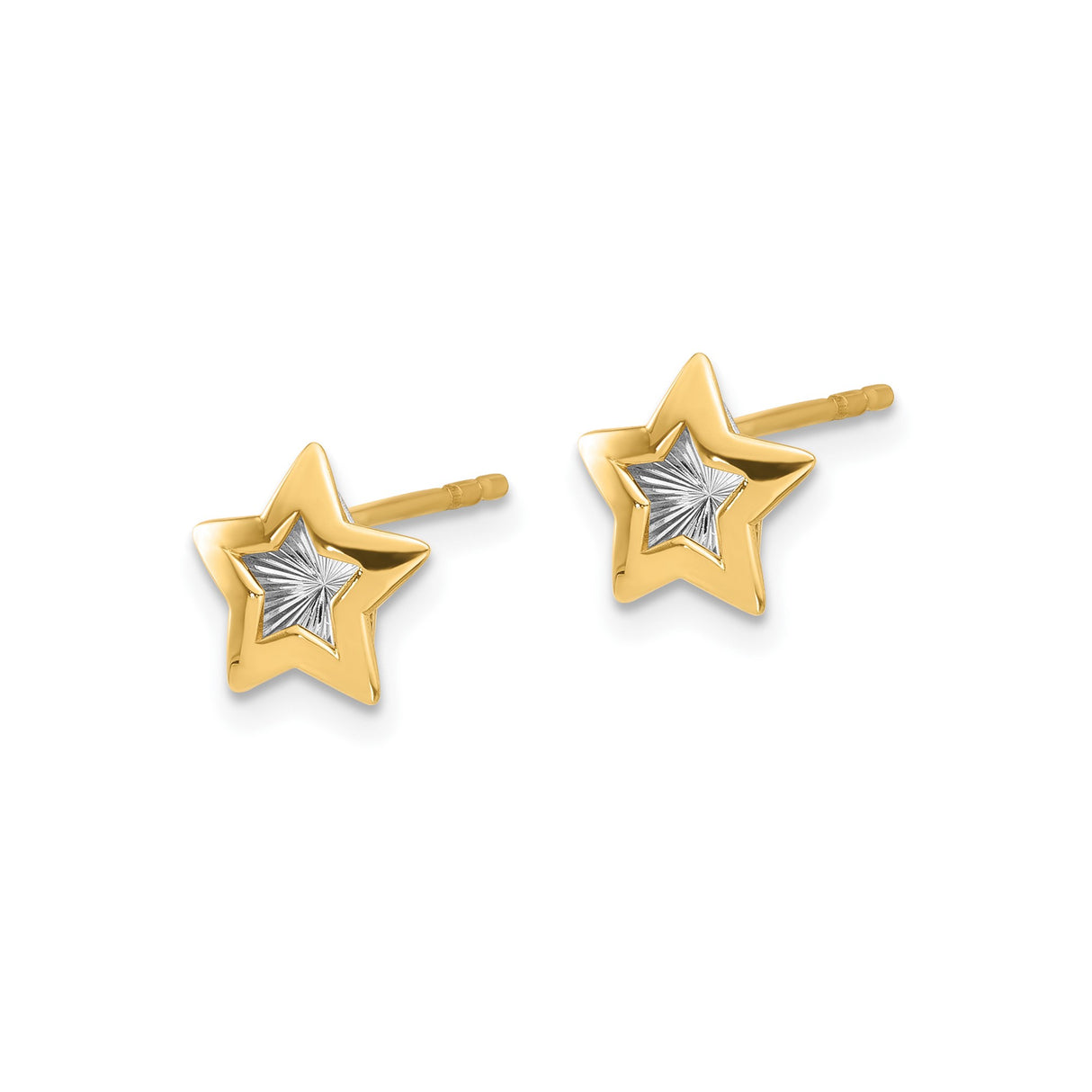 14k Yellow Gold Star Stud Earrings with Textured Rhodium Center, Celestial Design for Women