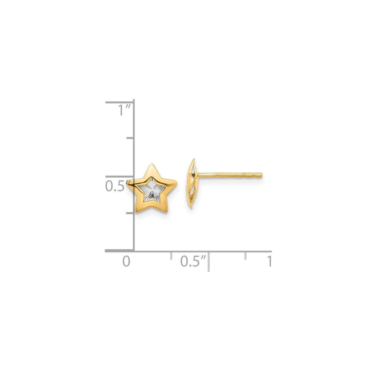 14k Yellow Gold Star Stud Earrings with Textured Rhodium Center, Celestial Design for Women