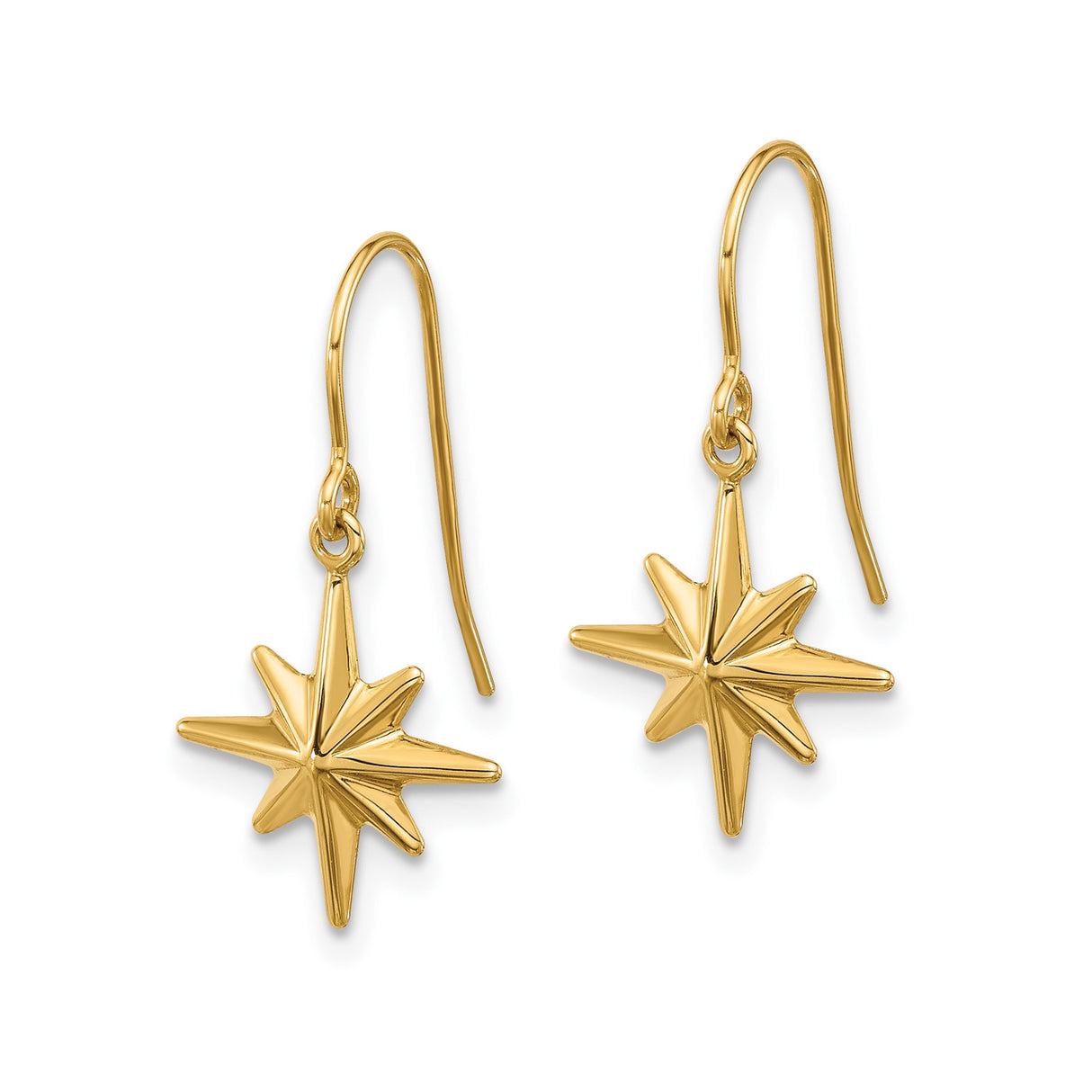 14k Yellow Gold Dangle Earrings, Eight-Pointed North Star, Celestial Minimalist Boho Style