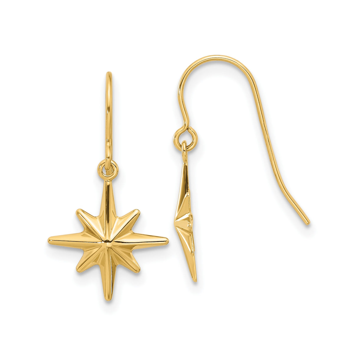 14k Yellow Gold Dangle Earrings, Eight-Pointed North Star, Celestial Minimalist Boho Style