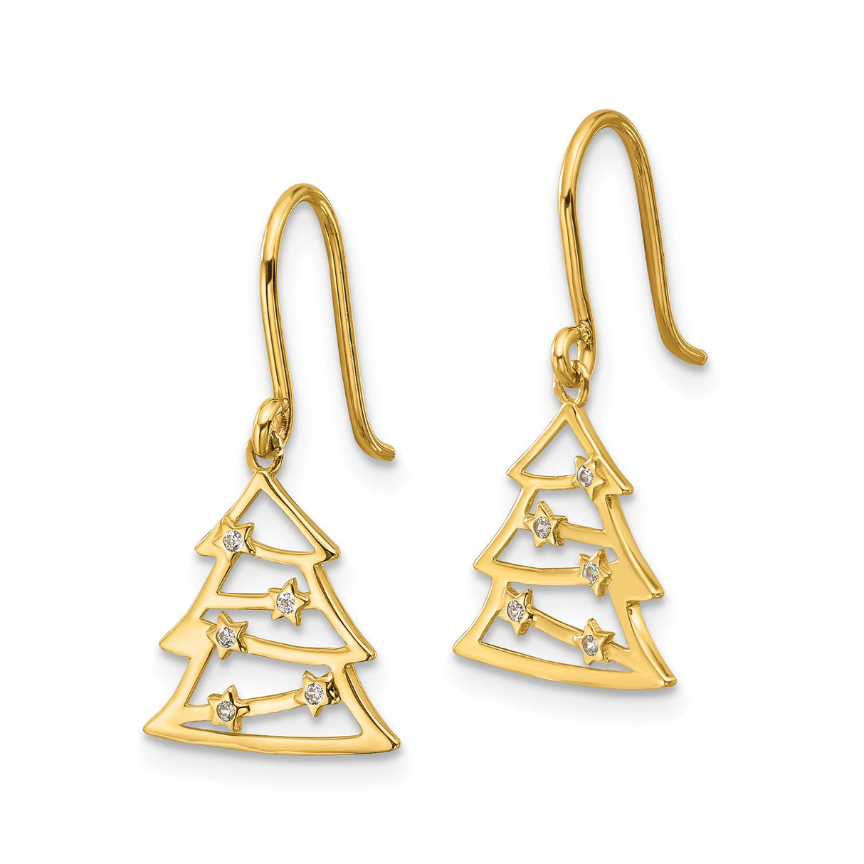 14k Yellow Gold Dangle Earrings with Cubic Zirconia, Openwork Christmas Tree and Star Design
