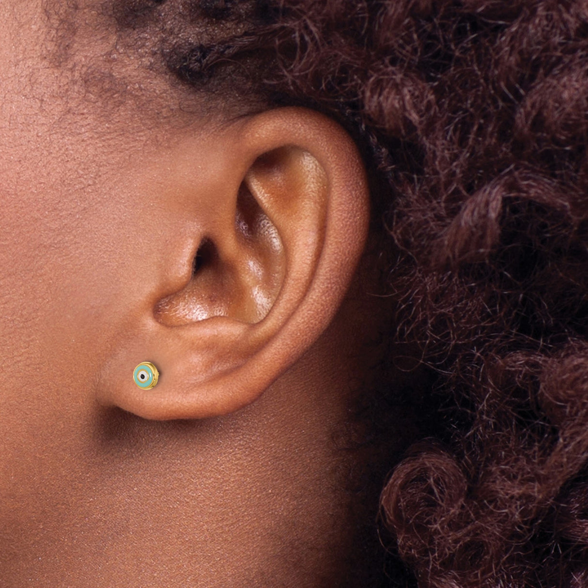 14k Yellow Gold Stud Earrings with Turquoise and White Enamel Evil Eye Design