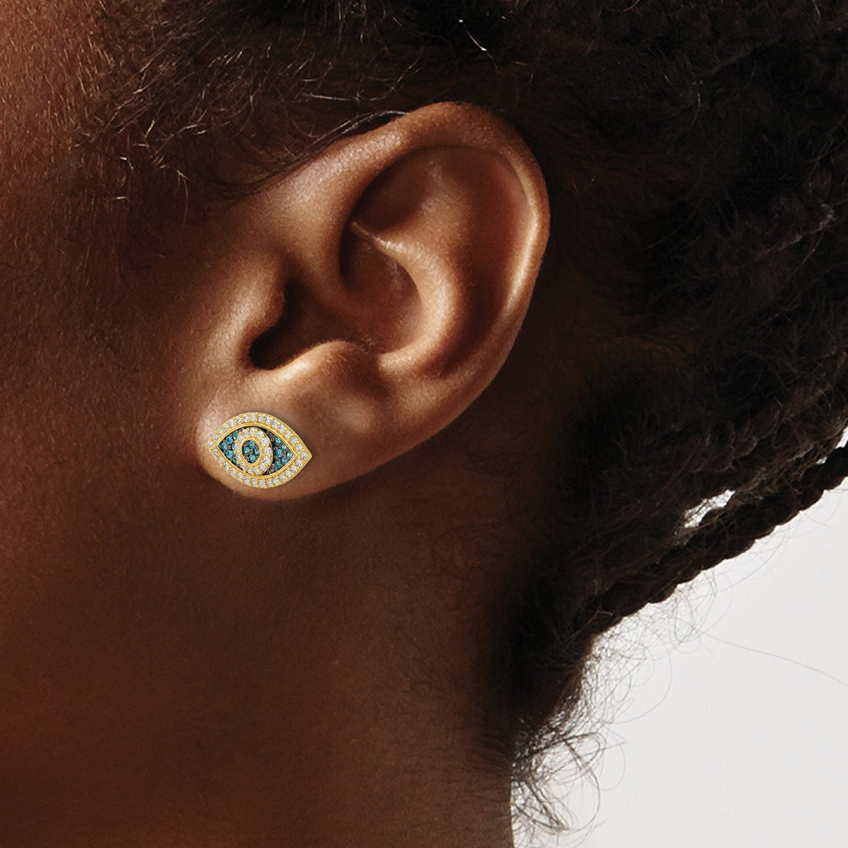 14k Yellow Gold Stud Earrings with Cubic Zirconia, Pavé Evil Eye Design, Talismanic Jewelry