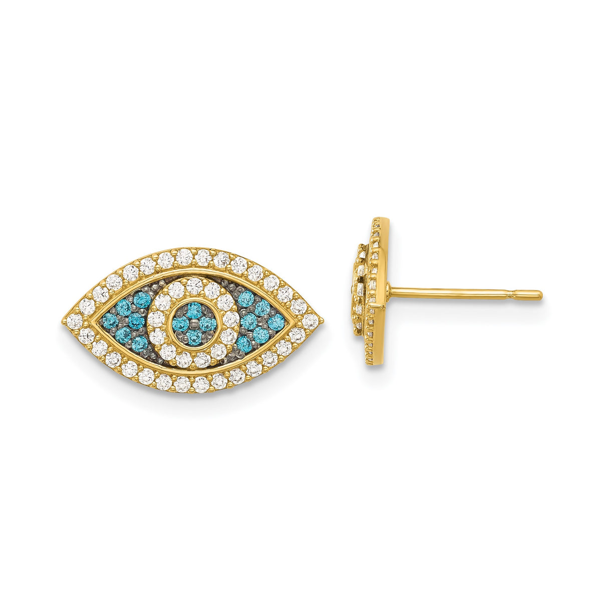 14k Yellow Gold Stud Earrings with Cubic Zirconia, Pavé Evil Eye Design, Talismanic Jewelry