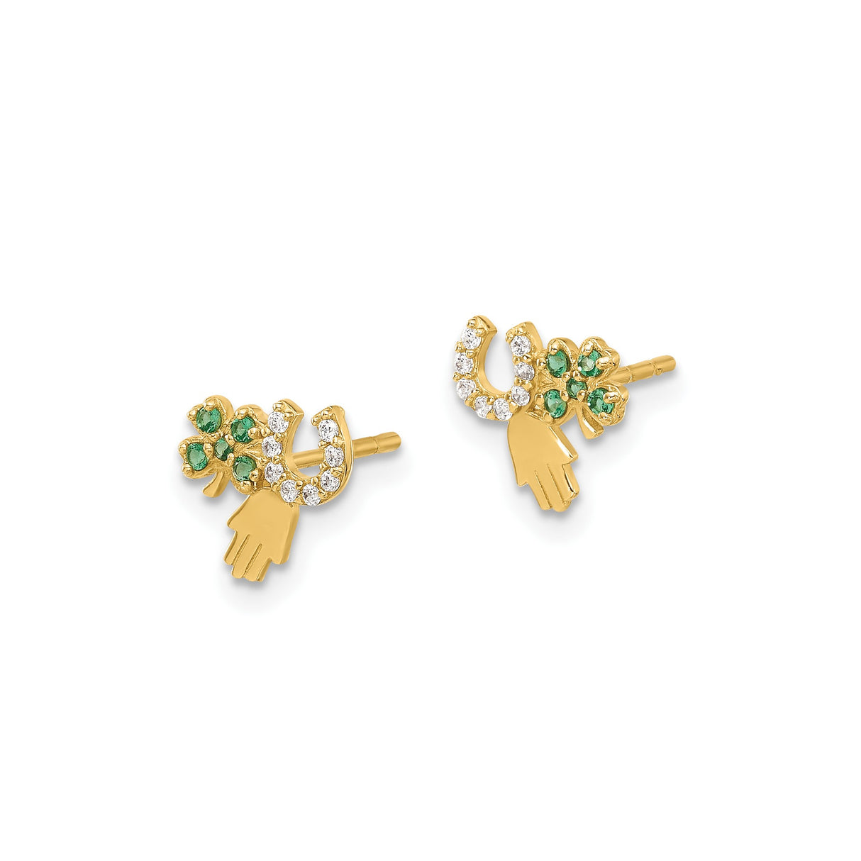 14k Yellow Gold Stud Earrings with Cubic Zirconia, Four Leaf Clover, Hamsa, and Horseshoe Motifs